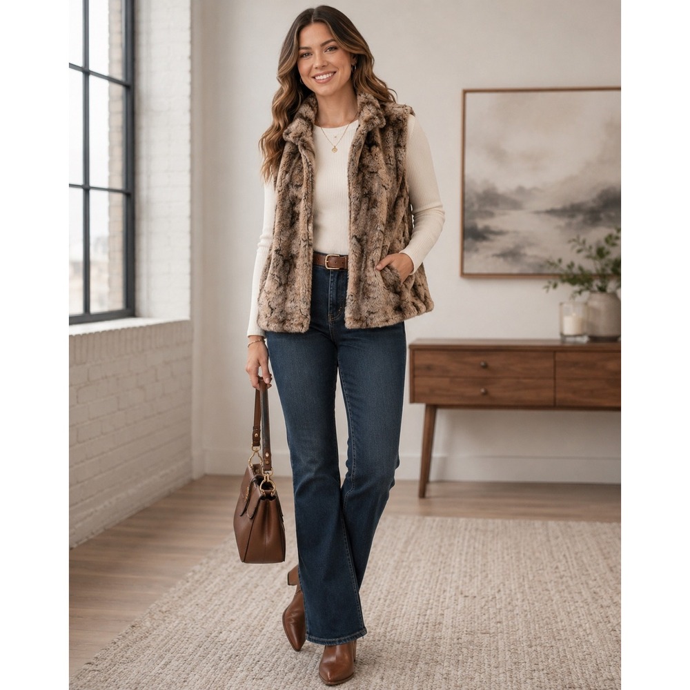 Alfred Dunner Faux Fur Brown Tan Vest‎ Women's Size 18